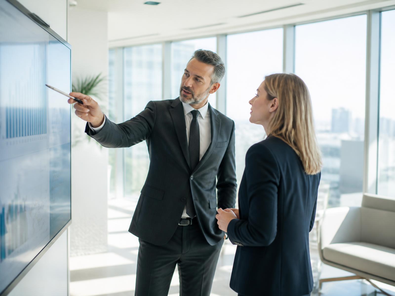 Business leaders reviewing growth performance in a bright office