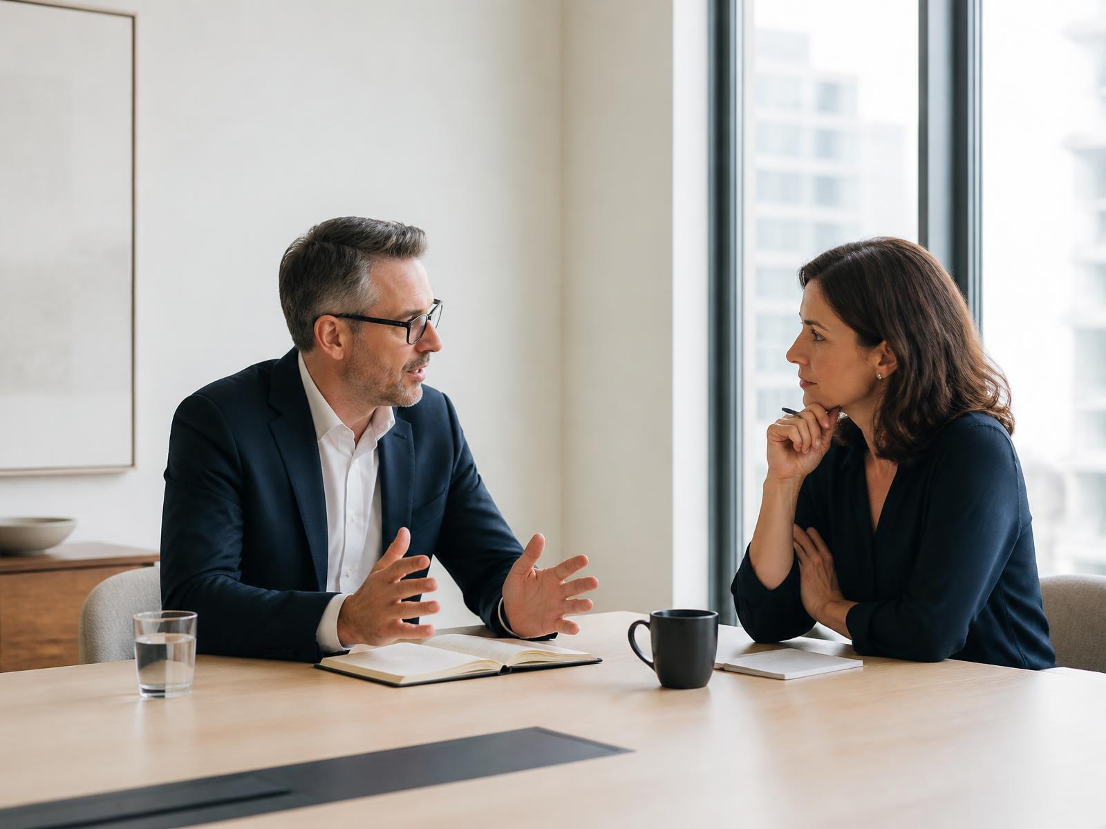 Executives in a focused strategy conversation